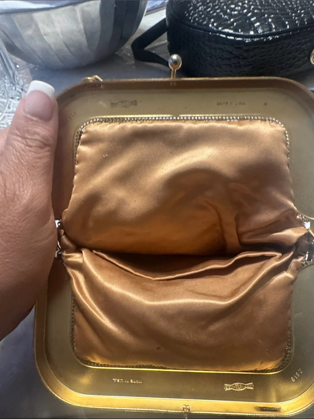 Vintage-Style Brown and black Mesh Evening Bag with Gold Frame Whiting and Davis